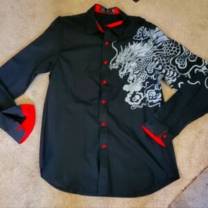 Mens Dragon Embroidered Black Shirt with Red Accents